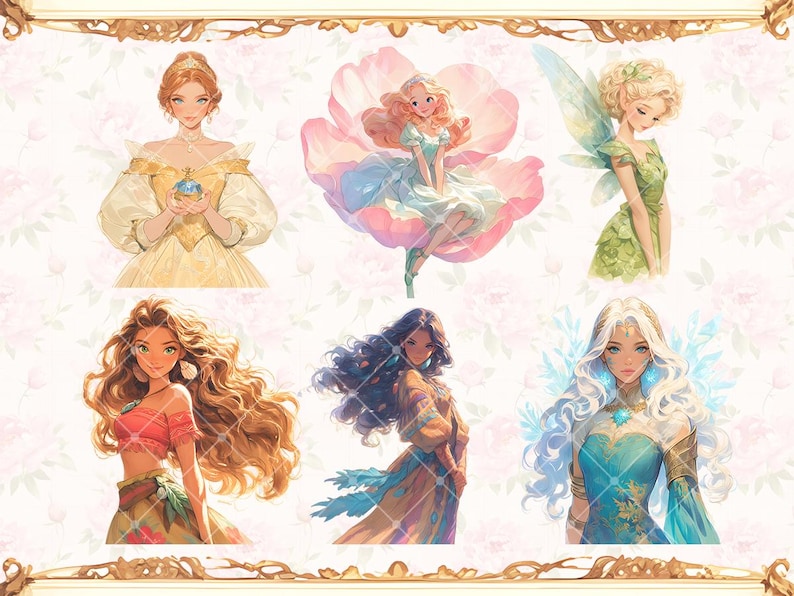 May include: A digital illustration of six women with different hairstyles and clothing. The women are depicted in a whimsical style with soft colors and delicate features.