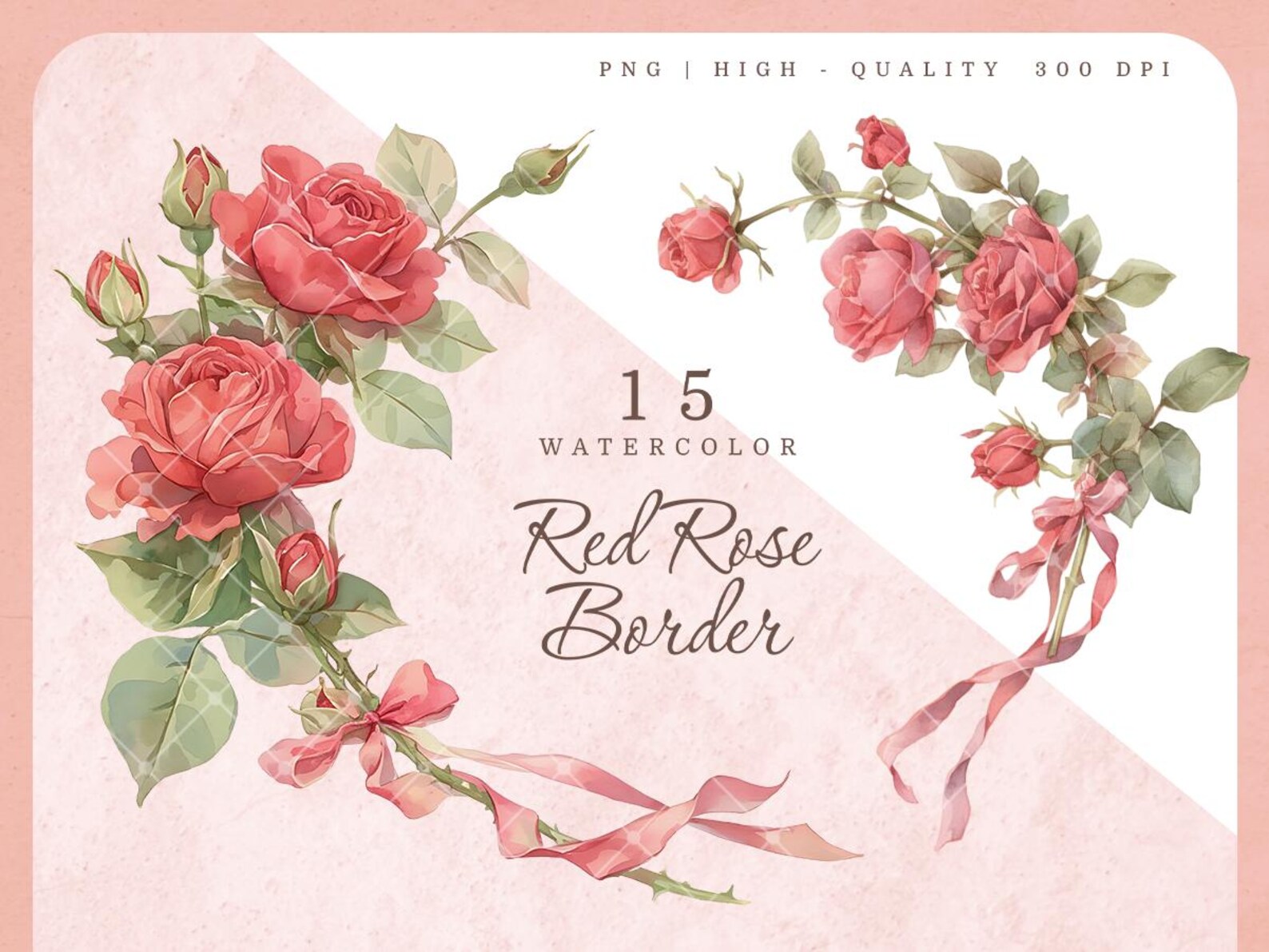 Watercolor Red Rose Border Clipart: Coquette Bow Floral PNG (digital ...