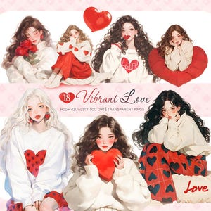 Puede incluir: Un conjunto de 18 ilustraciones digitales que representan mujeres con corazones y el texto "Vibrant Love". Las ilustraciones son de estilo de dibujos animados y presentan diversas poses y expresiones.