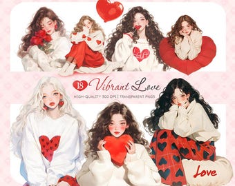 Valentine&#39;s Day Girl Clipart Bundle, Romantic Love Illustrations Feminine Watercolor Art, Red Accents PNG, DIY Crafts, Scrapbooking, 300 DPI