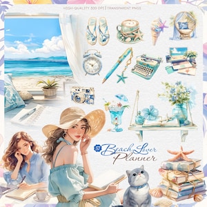 Zestaw kliparty Summer Beach Planner, Coastal Aesthetic PNG, Naklejki cyfrowe, Boho Beach Scrapbook, Ocean Watercolor, Beach Planner Clipart