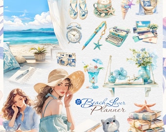 夏のビーチプランナー クリップアート バンドル、海岸の美的 PNG、デジタル ステッカー、ボヘミアン ビーチ スクラップブック、海の水彩画、ビーチプランナー クリップアート