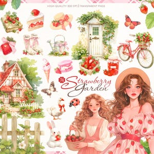 Pacchetto di clipart di Strawberry Garden, ragazza Cottagecore, coniglietto, farfalla, fattoria, dolciumi, estetica rustica, artigianato, adesivi di San Valentino