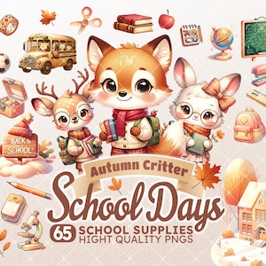 Material escolar Inverno Outono Animal De volta às aulas Clipart Material didático Decorações para sala de aula Animais fofos Ilustração Clipart pacote