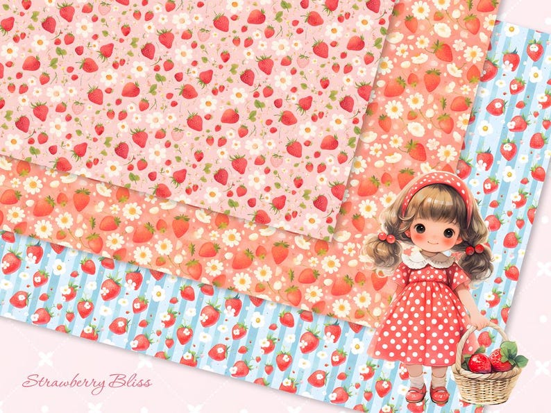 May include: Three patterned papers with a strawberry theme. The top paper is pink with white flowers and red strawberries. The middle paper is peach with white flowers and red strawberries. The bottom paper is blue and white striped with red strawberries. A girl doll with brown hair and a red polka dot dress is holding a basket of red strawberries.