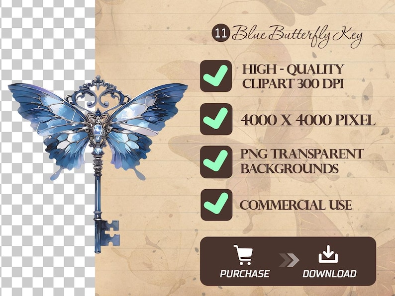Blue Butterfly Key Clipart: Vintage Fantasy PNG Bundle (digital Art ...