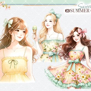 Puede incluir: Tres ilustraciones de chicas con vestidos de verano con estampados florales. Las chicas tienen el pelo largo y casta&ntilde;o con lazos y sonr&iacute;en. El texto "Sweet Summer Girl" est&aacute; en la parte superior de la imagen.