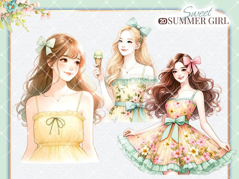 Puede incluir: Tres ilustraciones de chicas con vestidos de verano con estampados florales. Las chicas tienen el pelo largo y casta&ntilde;o con lazos y sonr&iacute;en. El texto "Sweet Summer Girl" est&aacute; en la parte superior de la imagen.