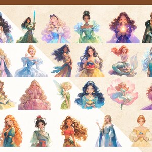 May include: A collection of 18 digital illustrations featuring women with long flowing hair and intricate dresses. The illustrations are in a whimsical style with soft colors and delicate details.