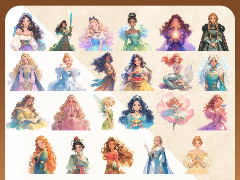 May include: A collection of 18 digital illustrations featuring women with long flowing hair and intricate dresses. The illustrations are in a whimsical style with soft colors and delicate details.