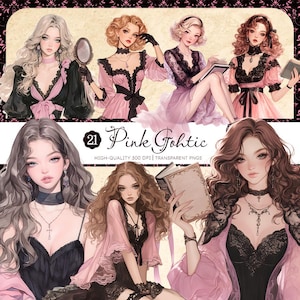 Pink Gothic Girl-clipartbundel, Dark Academia Aesthetic PNG, vintage Pink Lace Fashion Stickers, vrouwelijke Witchy digitale kunst, Dark Academia