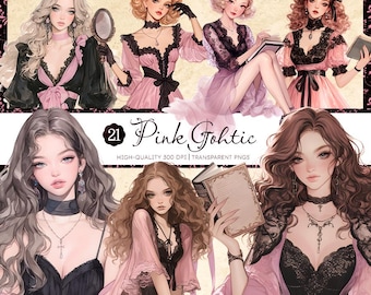 Pink Gothic Girl Clipart: Dark Academia Fashion PNG Bundle (Digital Art)