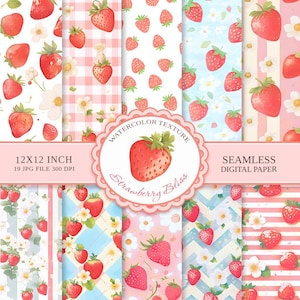 Strawberry Bliss Nahtloses digitales Papier, Aquarell-Erdbeermuster-Bundle, 12 x 12 Zoll JPG, Sommerfrucht-Digitalpapier, Bastelmuster