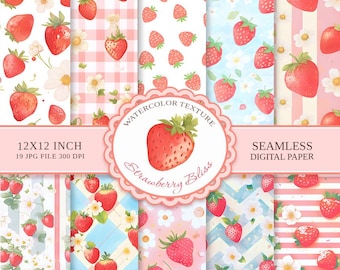 Strawberry Watercolor Pattern: Summer Seamless Digital Paper (12x12 Inch JPG)
