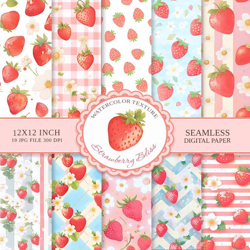 May include: A set of 19 digital papers featuring watercolor illustrations of strawberries and flowers. The papers are seamless and come in a variety of patterns, including gingham, stripes, and chevron. The papers are 12x12 inches and 300 DPI.