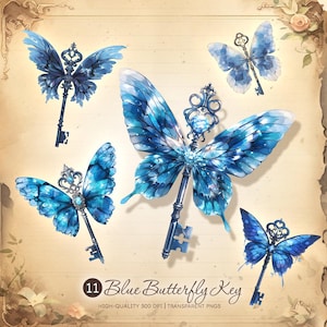 Blauer Schmetterlings-Schlüssel-Clipart-Bündel, Fantasy-Fee-Schlüssel, magischer Schlüssel PNG, Vintage Ästhetik, viktorianischer Schlüssel, Junk-Journal, Sublimation digitale Kunst