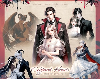 May include: A digital illustration of a romantic fantasy novel cover featuring a couple in love. The woman is wearing a white dress and the man is wearing a black suit. The text on the cover reads "Eclipsed Hearts 22: A Forbidden Love Story".