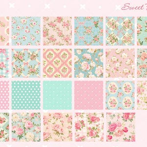 May include: A set of 16 digital paper patterns featuring floral designs in pink, blue, and green. The patterns include polka dots, stripes, gingham, and floral arrangements. The text "Sweet Peony" is at the top of the image.