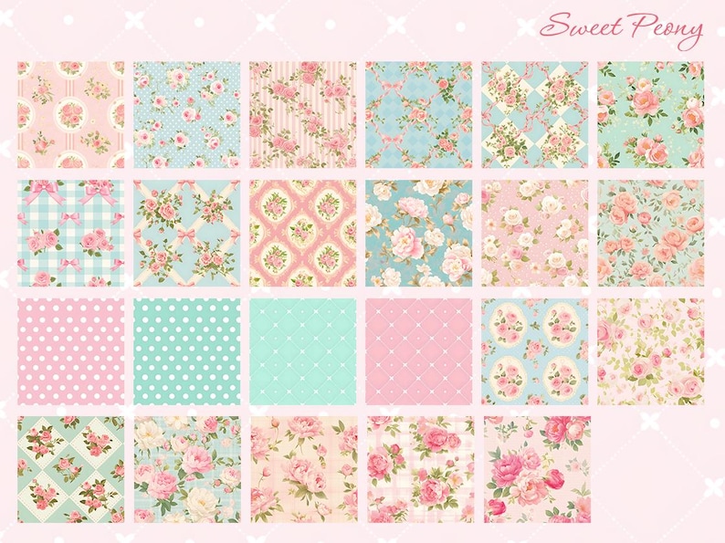 May include: A set of 16 digital paper patterns featuring floral designs in pink, blue, and green. The patterns include polka dots, stripes, gingham, and floral arrangements. The text "Sweet Peony" is at the top of the image.