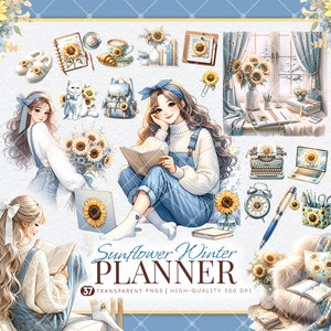 Bundle de cliparts douillet tournesol hiver pull aquarelle fille Clipart hiver Clipart journalisation PNG planificateur Clipart imprimable