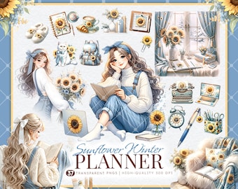 Puede incluir: Un planificador digital con un tema de girasol y invierno. El planificador presenta ilustraciones de girasoles, una niña leyendo un libro, una máquina de escribir y un gato. El texto "Sunflower Winter Planner" se muestra en la portada.