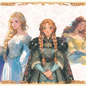 May include: Three women in princess gowns with long hair. The woman on the left is wearing a light blue gown with a snowflake design. The woman in the middle is wearing a dark green gown with a gold design. The woman on the right is wearing a yellow gown with a floral design.
