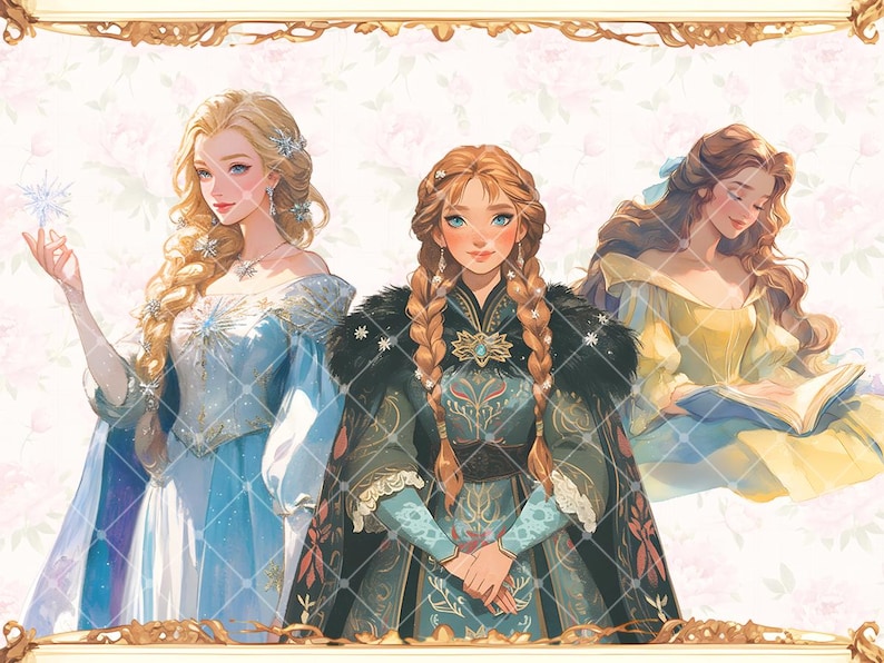 May include: Three women in princess gowns with long hair. The woman on the left is wearing a light blue gown with a snowflake design. The woman in the middle is wearing a dark green gown with a gold design. The woman on the right is wearing a yellow gown with a floral design.