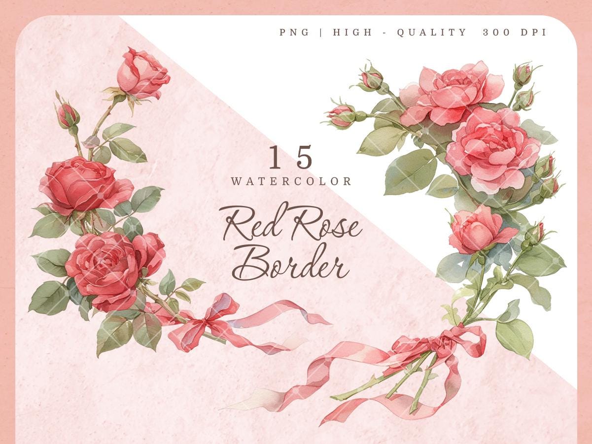 Watercolor Red Rose Border Clipart: Coquette Bow Floral PNG (digital ...