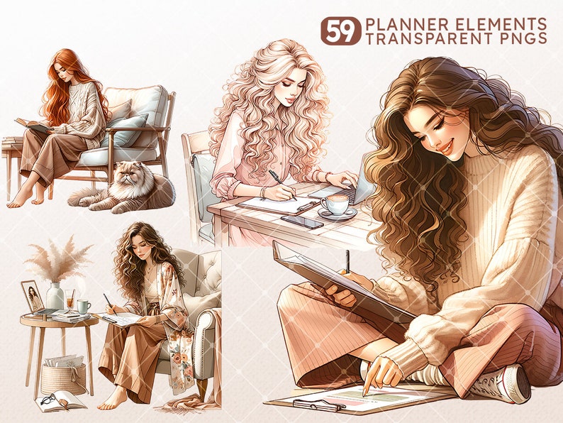 Puede incluir: Tres ilustraciones de mujeres trabajando en sus port&aacute;tiles y cuadernos. Las mujeres tienen el pelo largo y suelto y visten ropa informal. Las ilustraciones est&aacute;n en una paleta de colores suaves y pastel y tienen un toque caprichoso.