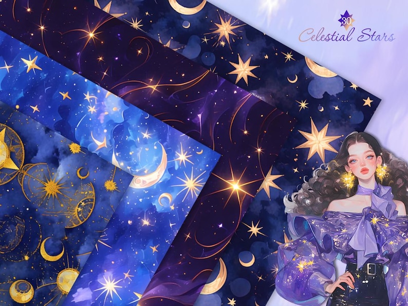 Celestial Starry Night Digital Paper: Abstract Cosmic Patterns (JPG ...