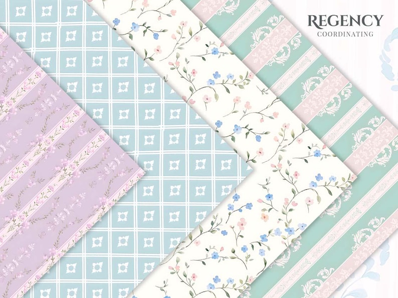 May include: An assortment of patterned papers in pastel colors. Designs include floral vines, stripes with floral accents, and geometric patterns. The text "REGENCY COORDINATING" is in the upper right corner. The papers are arranged at angles, showcasing the variety of designs.