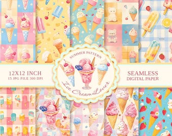 Ice Cream Seamless Digital Paper: Pastel Summer Patterns (Digital Download)