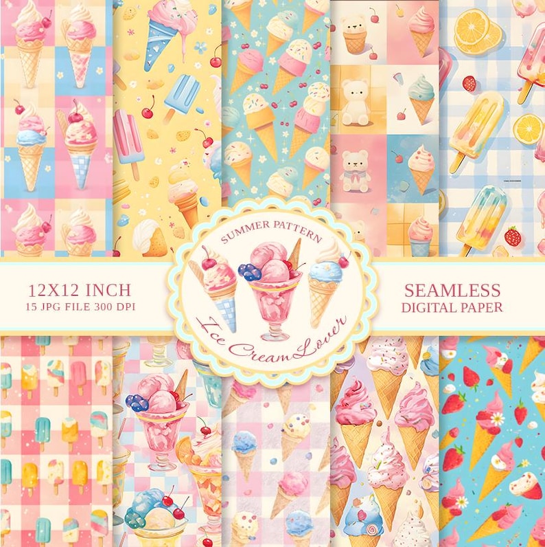 May include: A set of 15 digital papers featuring a summer ice cream theme. The papers are 12x12 inches and 300 DPI. The designs include ice cream cones, sundaes, popsicles, bears, cherries, and strawberries on a variety of backgrounds.