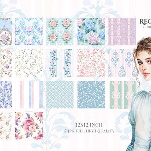 May include: A digital art print featuring a collection of floral and patterned designs in pastel colors. The image includes a portrait of a woman in a blue dress and the text "REGENCY COORDINATING" and "12X12 INCH 17 JPG FILE HIGH QUALITY".