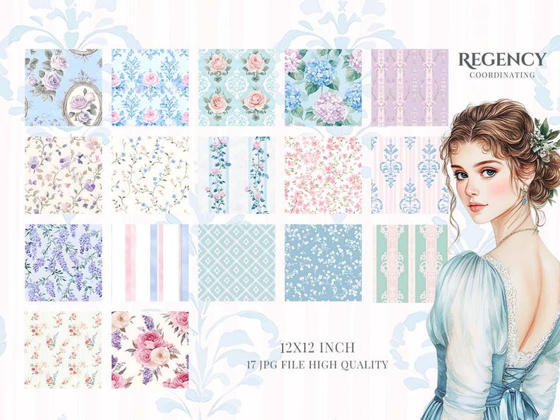 May include: A digital art print featuring a collection of floral and patterned designs in pastel colors. The image includes a portrait of a woman in a blue dress and the text "REGENCY COORDINATING" and "12X12 INCH 17 JPG FILE HIGH QUALITY".