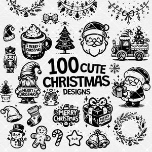 Leuke kerst clipartbundel, schattige zwart-witte lijntekeningen, vakantiedecor voor T-shirts, kaarten, kerstafdrukken, kabouter png, commercieel gebruik