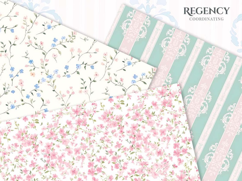 May include: Assortment of patterned papers featuring floral and striped designs. One paper has a white background with blue and pink flowers. Another has pink flowers on a white background. The third has stripes and floral accents.