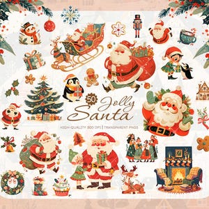 Paquete de imágenes prediseñadas de Papá Noel alegre vintage, ilustraciones de Papá Noel antiguas, PNG navideños, manualidades, tarjetas, diarios, pegatinas, sublimación