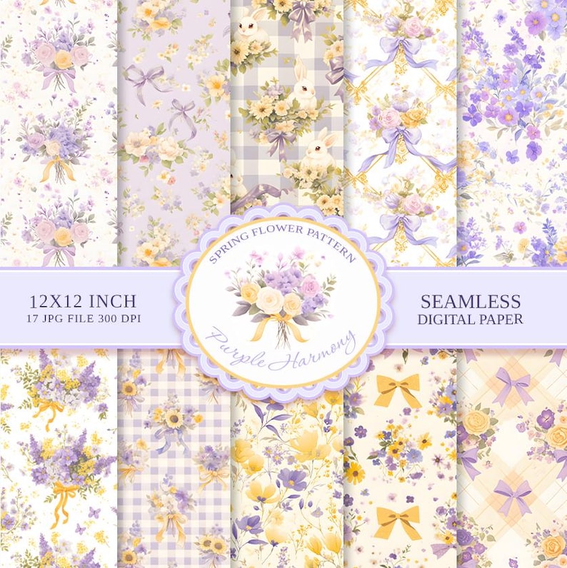 May include: A set of 17 digital paper designs featuring a spring floral theme with yellow and purple flowers, bows, and gingham patterns. The papers are 12x12 inches and 300 DPI. The text "Spring Flower Pattern Purple Harmony" is included in the design.