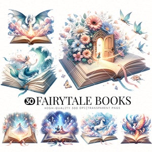 Aquarel Fantasy Books Clipart bundel Open boek magische boeken sprookje magische illustraties schattig verhalenboek Spell boeken PNG, afdrukbare