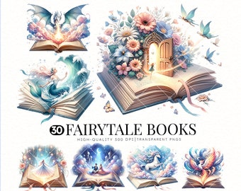 Watercolor Fairytale Book Clipart Bundle: Magical Storybook Illustrations (PNG)