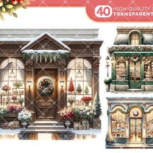 Pode incluir: Duas ilustra&ccedil;&otilde;es de montras com tema natalino. A primeira montra &eacute; um edif&iacute;cio castanho com uma grande vitrine e uma porta com uma coroa. A segunda montra &eacute; um edif&iacute;cio verde com uma grande vitrine e uma porta com uma coroa. Ambas as montras est&atilde;o decoradas com luzes de Natal e guirlandas.