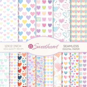 Papel digital sin costuras con corazones pastel de San Valentín, patrones románticos para álbumes de recortes, diarios, tarjetas, manualidades, pegatinas, patrones de sublimación