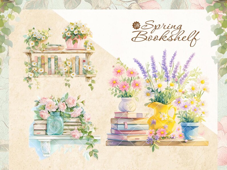 Watercolor Spring Bookshelf Clipart: Floral Vases, Greenery (instant ...