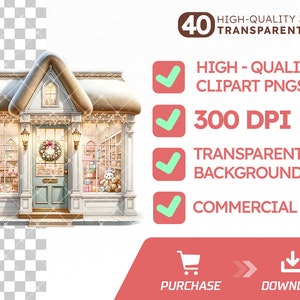 Pode incluir: Uma ilustra&ccedil;&atilde;o digital de uma loja com um telhado nevado e janelas cheias de brinquedos. A loja &eacute; decorada com luzes e uma guirlanda na porta. O texto "40 HIGH-QUALITY 300 DPI TRANSPARENT PNGS" &eacute; exibido acima da loja.