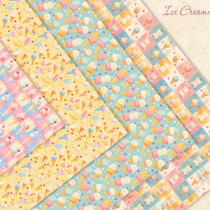 May include: Four digital paper designs featuring ice cream cones, sprinkles, and other sweet treats in a pastel colour scheme. The designs are perfect for scrapbooking, card making, and other paper crafts.