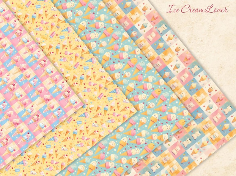 May include: Four digital paper designs featuring ice cream cones, sprinkles, and other sweet treats in a pastel colour scheme. The designs are perfect for scrapbooking, card making, and other paper crafts.