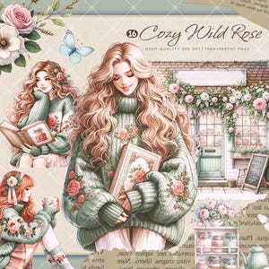 Vintage wild rose Clipart Bundle, floral winter journal stickers, Books, Bookworm, Cottagecore png, Digital Download,Commercial,Scrapbooking