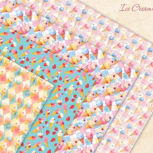 May include: A set of four digital paper patterns featuring a repeating design of ice cream cones with pink, blue, and yellow accents on a white and blue checkered background. The text "Ice Cream Lover" is visible in the top right corner of the image.