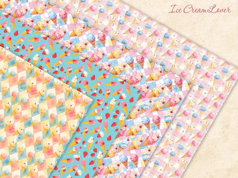 May include: A set of four digital paper patterns featuring a repeating design of ice cream cones with pink, blue, and yellow accents on a white and blue checkered background. The text "Ice Cream Lover" is visible in the top right corner of the image.